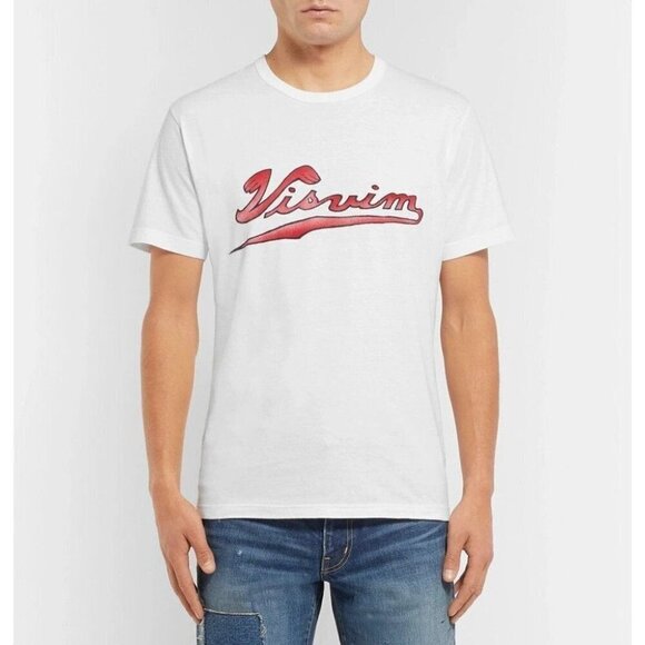 Visvim Logo-Print Cotton-Jersey T-Shirt Size M White Red Mens NWT - Picture 1 of 16